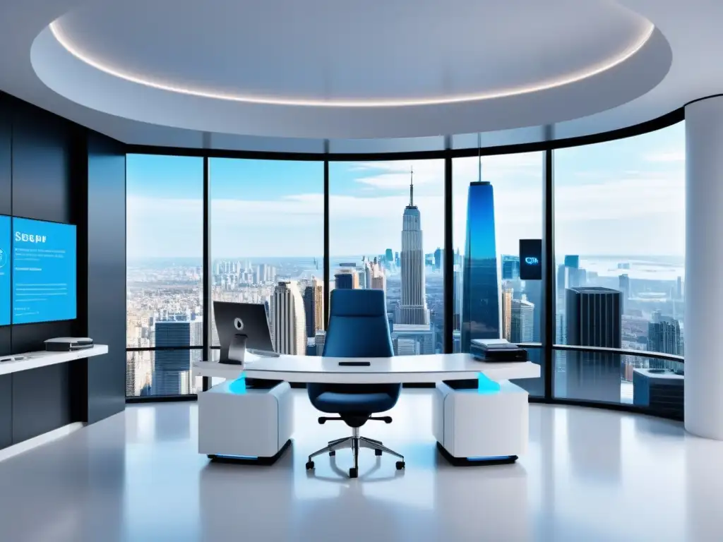 Oficina futurista con IA y vista a la ciudad Oficina futurista con plataformas de IA para reclutamiento 2