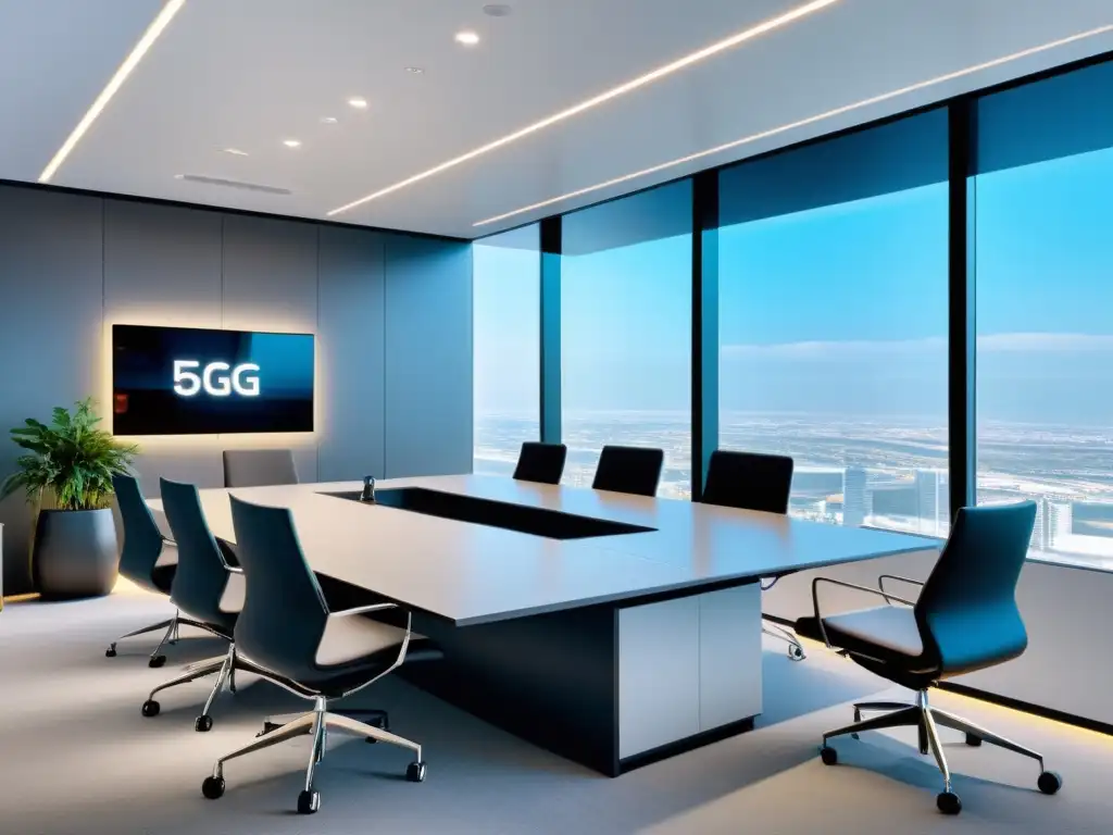 Oficina minimalista con redes privadas 5G empresariales integradas en el entorno profesional, moderno y sofisticado