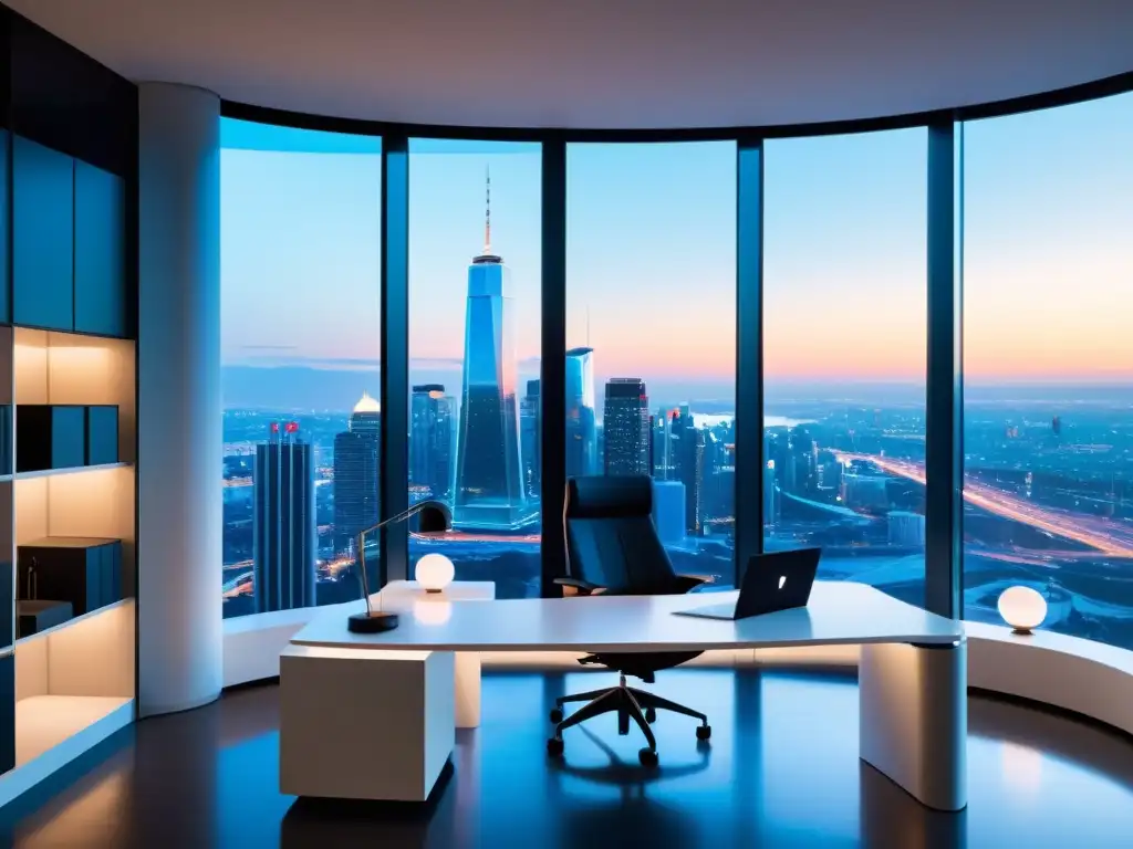 Oficina minimalista con IA futurista y vista panorámica Una oficina minimalista con vistas a la ciudad