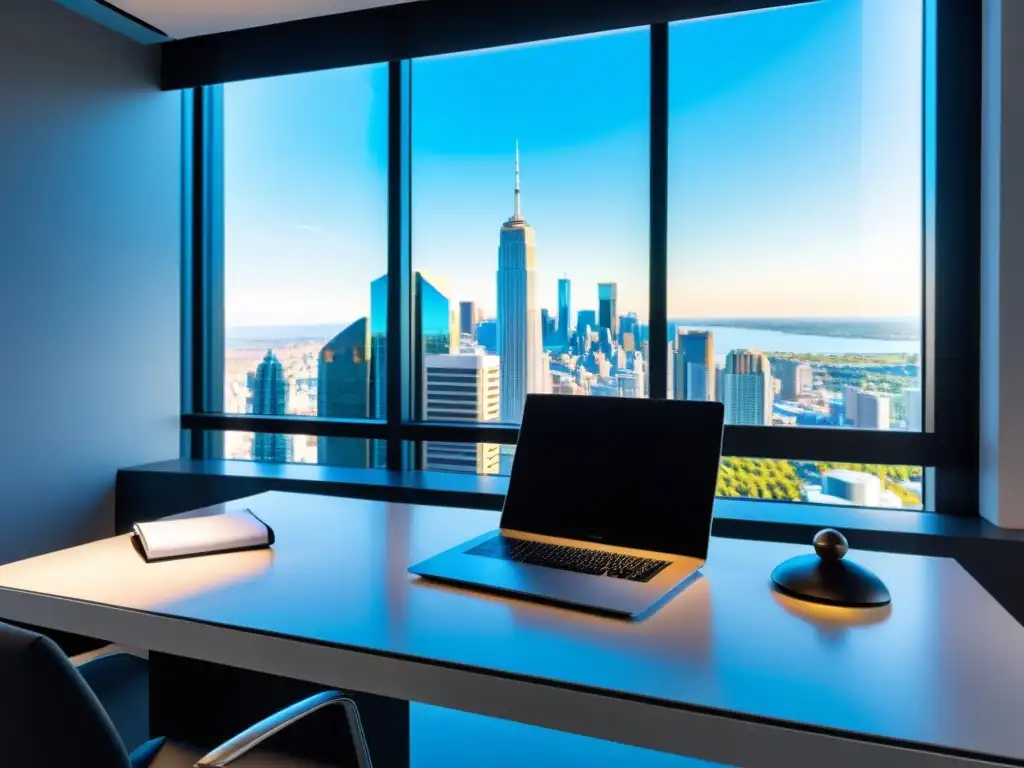 Cybersecurity en la oficina: espacio moderno y minimalista Oficina moderna con escritorio minimalista, ventana con luz natural y skyline futurista
