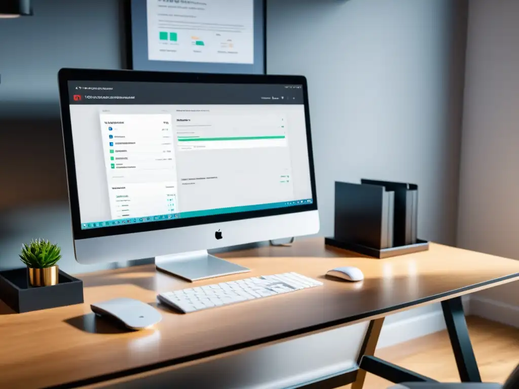 Oficina moderna con feedback personalizado asistido por IA en monitor de computadora, iluminación suave y decoración minimalista
