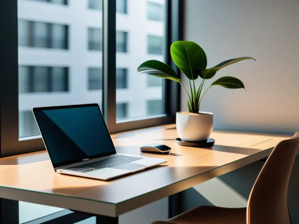 Oficina moderna con laptop, portalápices elegante y planta en maceta