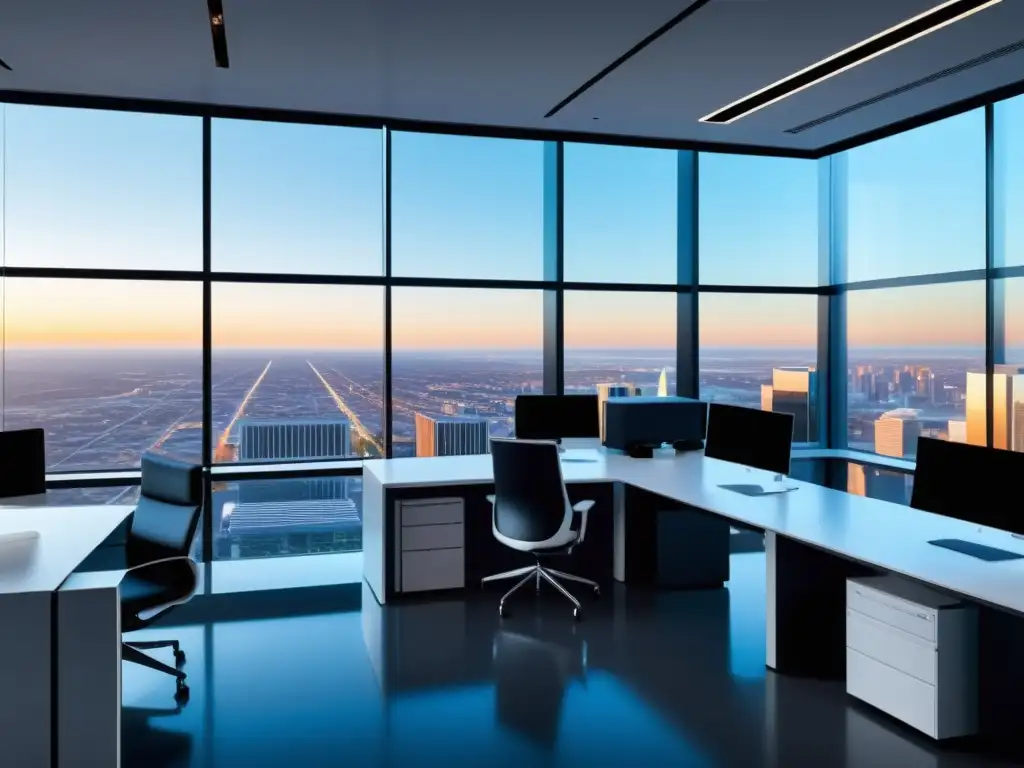 Oficina moderna y tecnológica con vista a la ciudad Oficina moderna con tecnología de vanguardia y vista a la ciudad