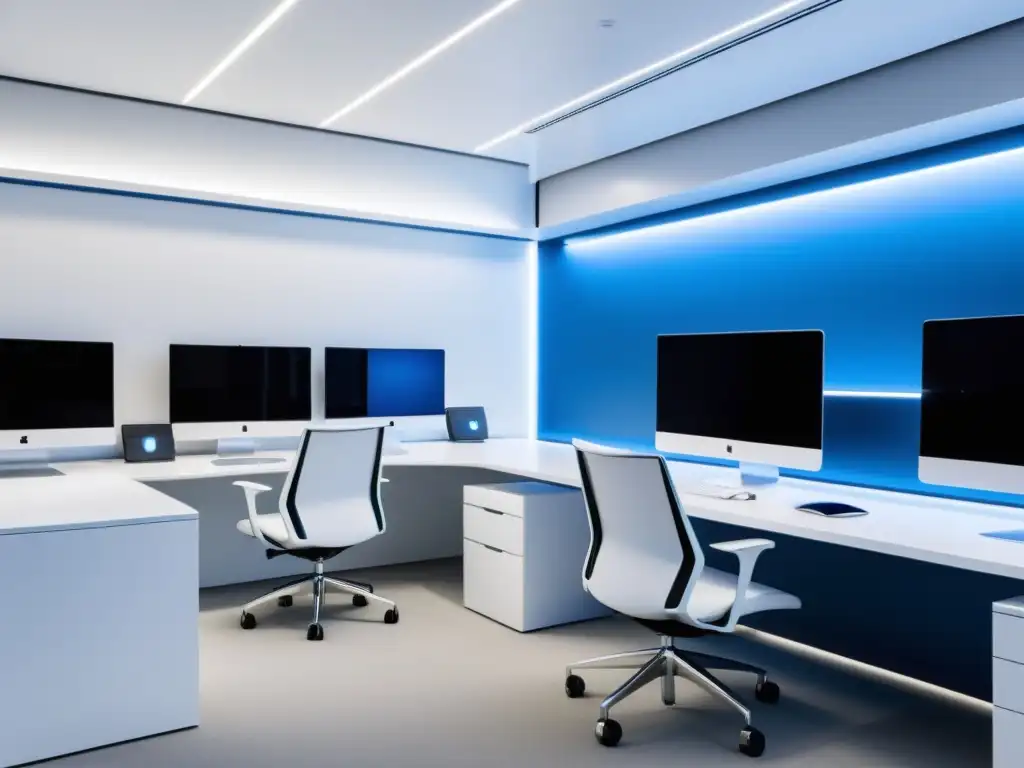 Oficina tecnológica minimalista con mobiliario futurista y tecnología de vanguardia, ideal para el influencer marketing en tecnología emergente