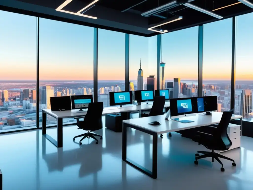 Oficina ultramoderna con influencer marketing en tecnología emergente