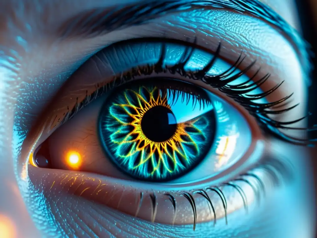 Un ojo humano con detalles futuristas y líneas brillantes, evocando autenticación tecnologías emergentes