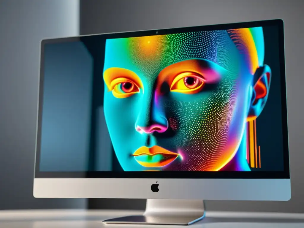 Un ordenador moderno ejecuta algoritmos de IA para visión por computadora, mostrando datos visuales coloridos y complejos en la pantalla