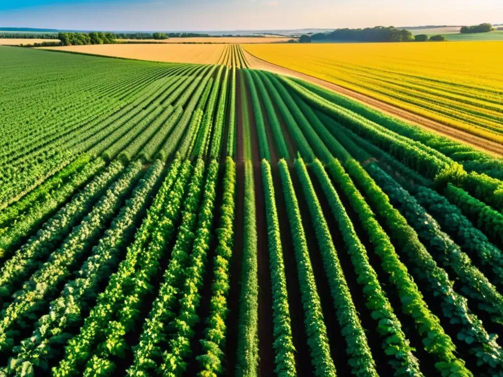 Un paisaje de campos verdes extensos con cultivos vibrantes y un tractor moderno, integrando la agricultura sostenible, big data y tecnología