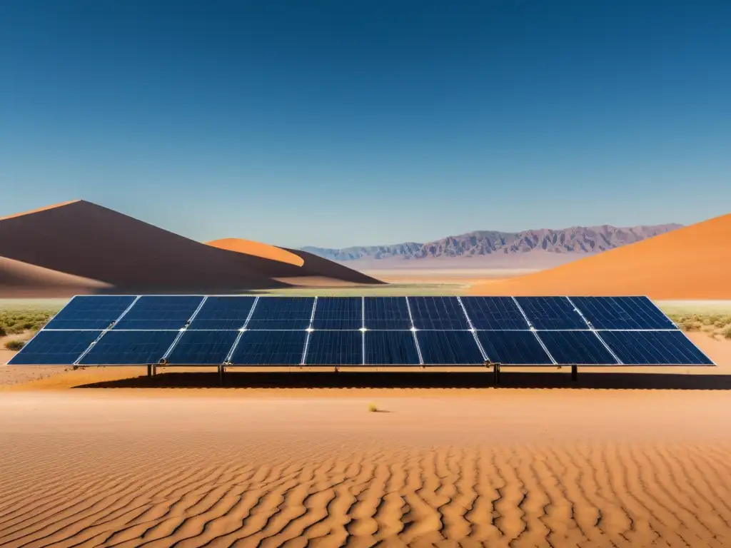 Un paisaje desértico con paneles solares en filas simétricas, bañado por la luz del sol