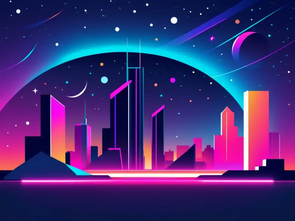 Un paisaje digital minimalista en el metaverso con edificios futuristas y luces neón, evocando innovación y posibilidad