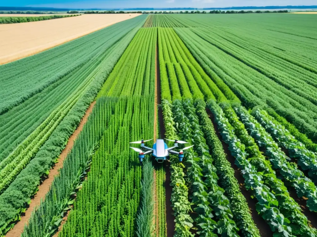 Un paisaje rural exuberante con un agricultor inspeccionando cultivos y un dron agrícola, simbolizando la IA en agricultura inteligente