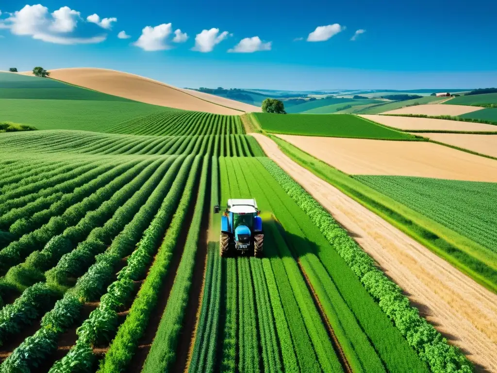 Coexistencia armónica: Agricultura rural y tecnología 5G Un paisaje rural exuberante con colinas ondulantes, campos de cultivo y tecnología 5G integrada en la agricultura tradicional