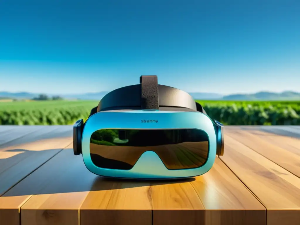 Un paisaje sereno de campos agrícolas con un visor de realidad virtual sobre una mesa de madera