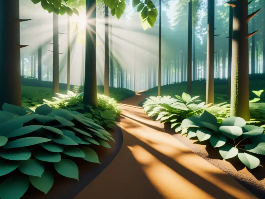 Un paisaje sereno de realidad virtual con un sendero que se adentra en un denso bosque