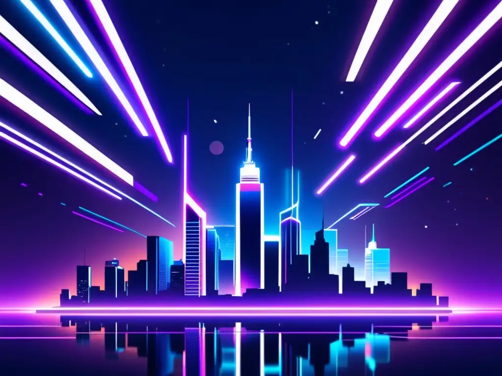 Un paisaje urbano futurista en arte digital, con rascacielos brillantes y luces de neón