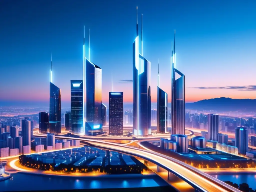 Un paisaje urbano futurista al atardecer, con torres de red 5G integradas