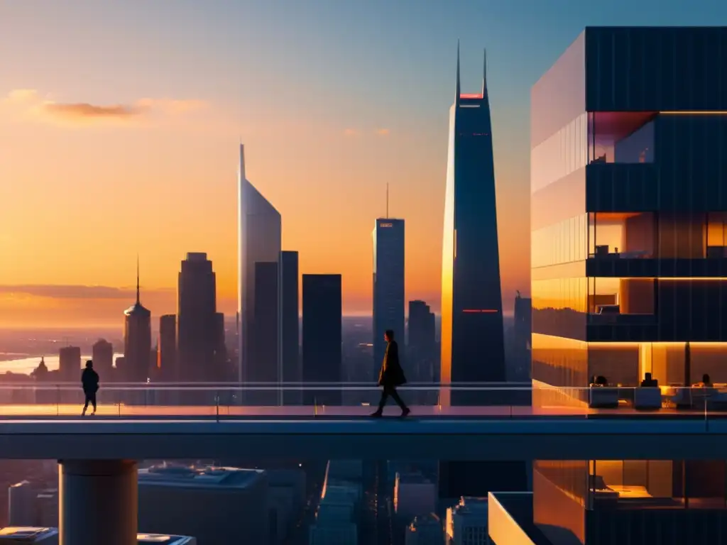 Un paisaje urbano futurista bañado por la cálida luz del atardecer