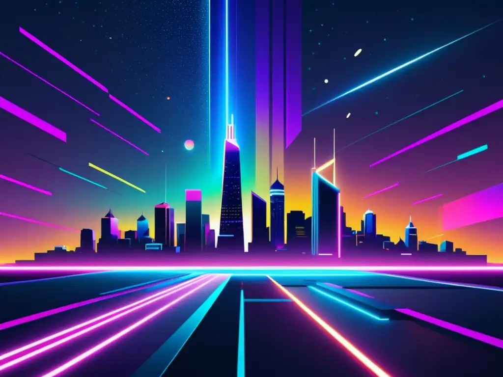 Un paisaje urbano futurista en colores neón, con arquitectura angular y luces brillantes