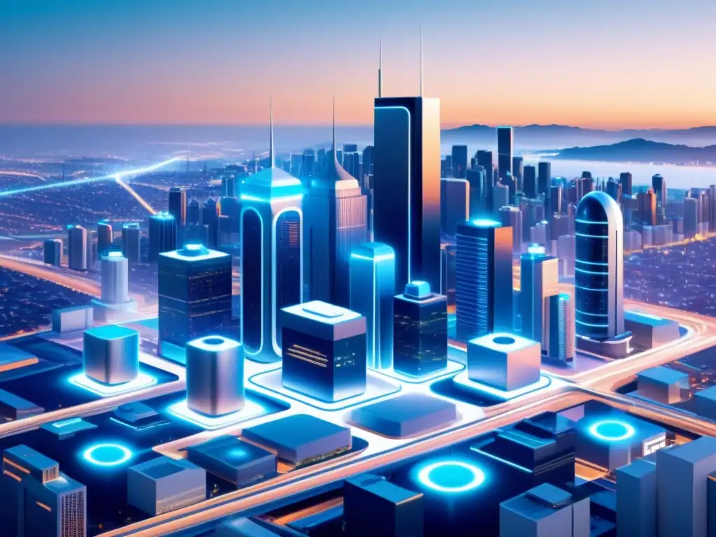 Un paisaje urbano futurista con dispositivos inteligentes y torres 5G integradas