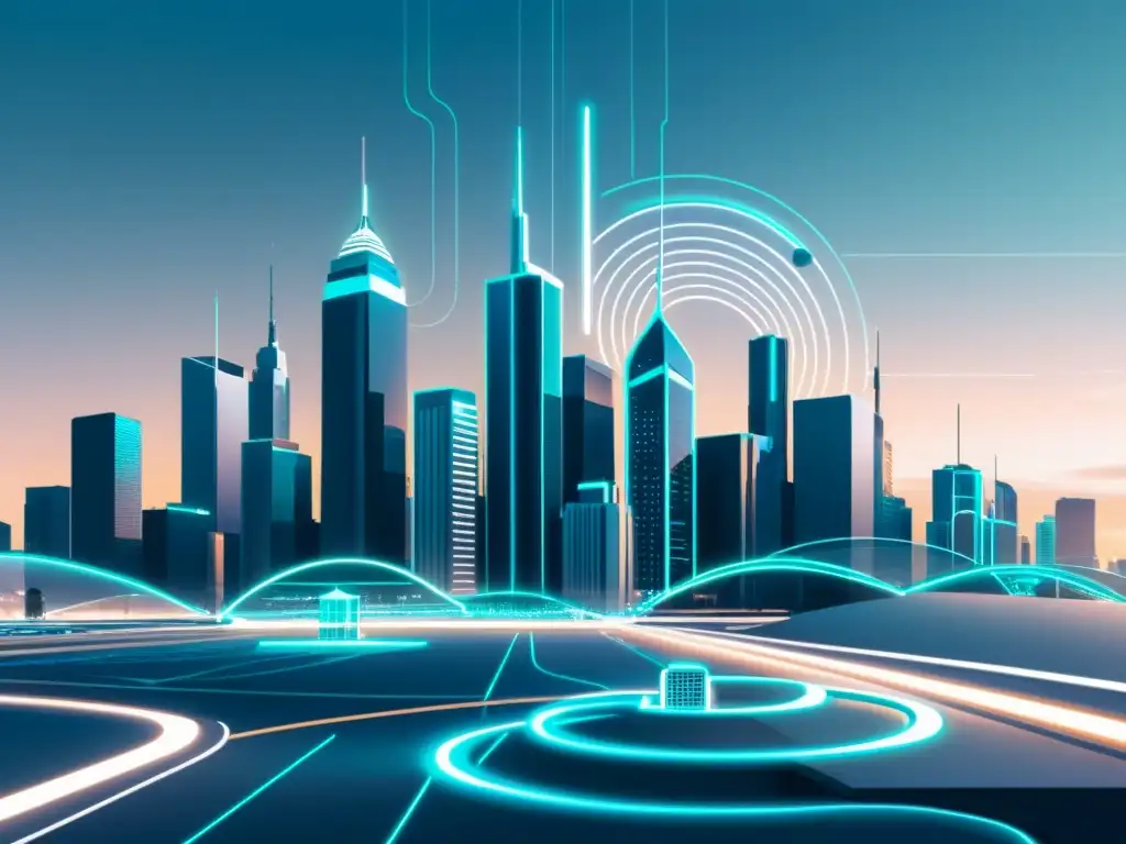 Un paisaje urbano futurista con señales 5G integradas, destacando la privacidad y seguridad de datos