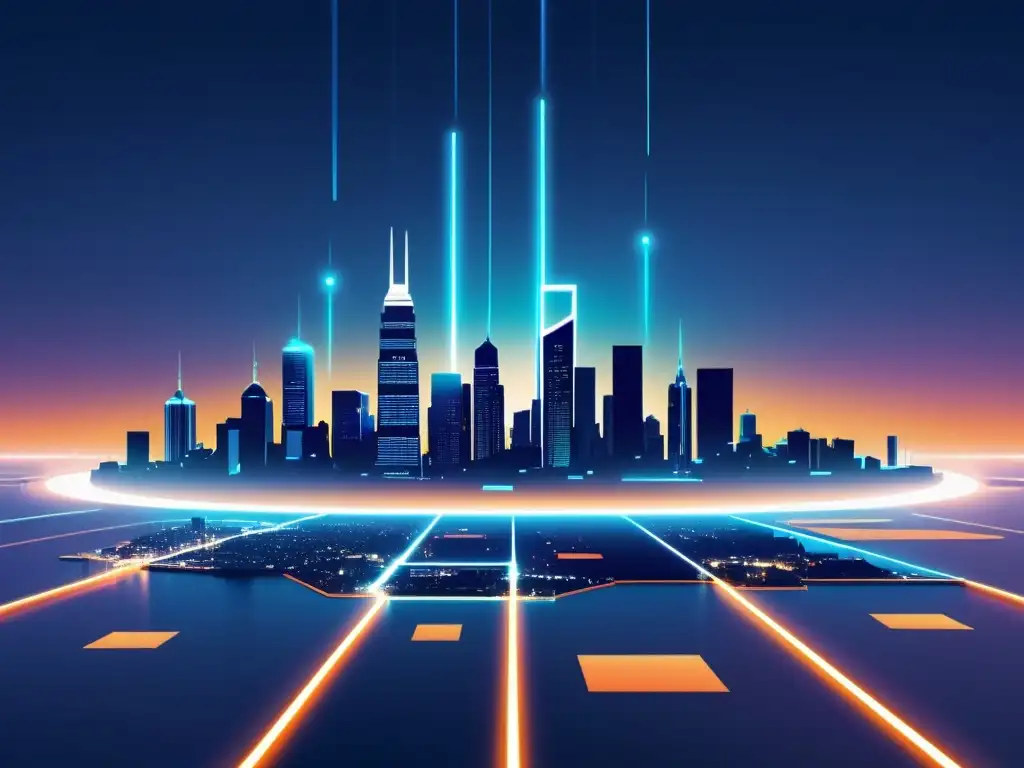 Un paisaje urbano futurista de noche con señales 5G brillantes conectando nodos en la ciudad