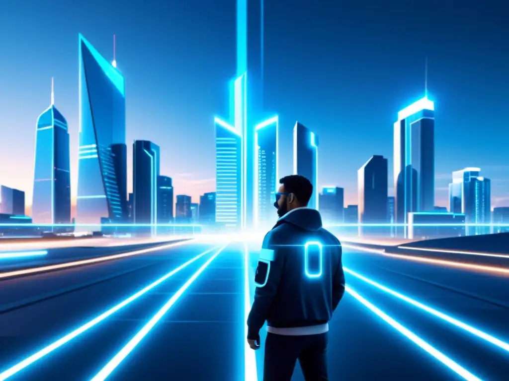 Un paisaje urbano futurista y seguro con tecnología avanzada y ciberseguridad en el desarrollo de software