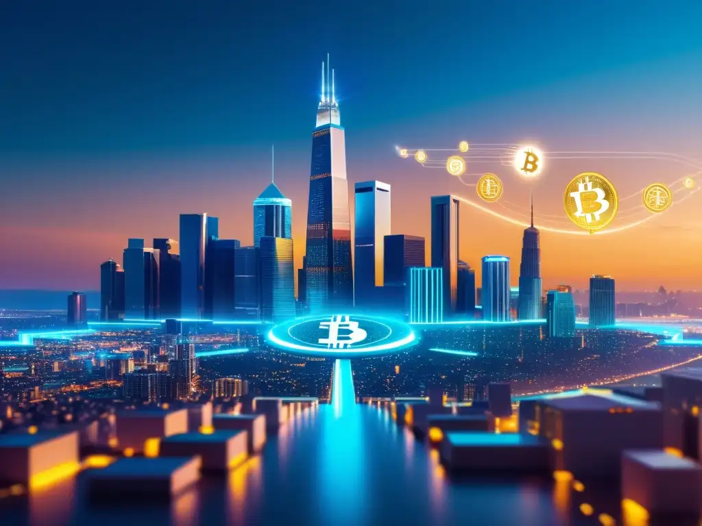 Un paisaje urbano futurista con símbolos de criptomonedas flotando en el aire, que refleja la integración de las criptomonedas en la economía global