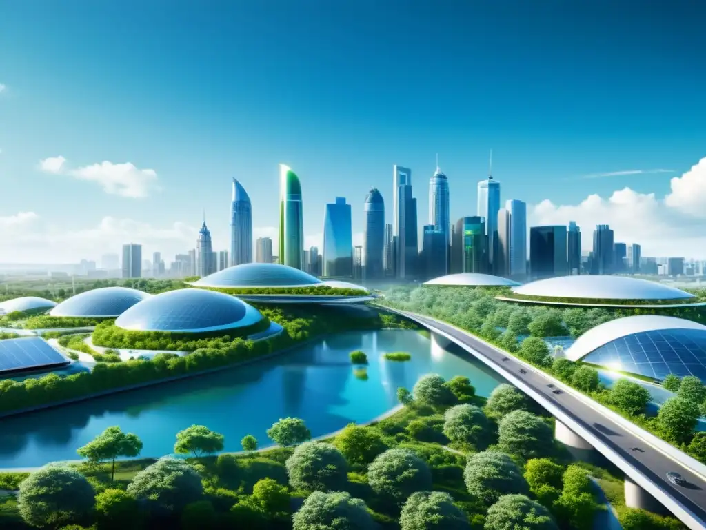 Un paisaje urbano futurista con tecnología innovadora y espacios verdes integrados, rodeado de vegetación exuberante y energía renovable