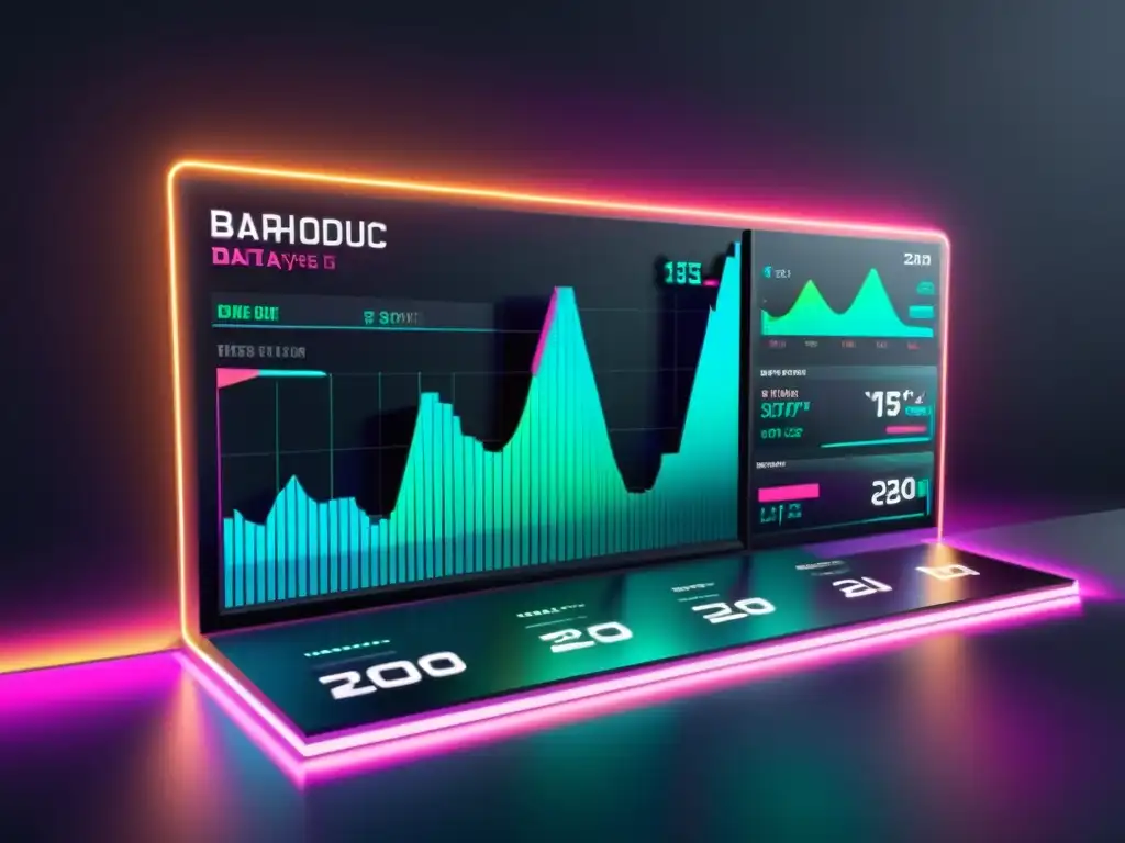 Un panel de análisis de datos futurista y minimalista con gráficos complejos en colores neón, reflejando tecnologías emergentes