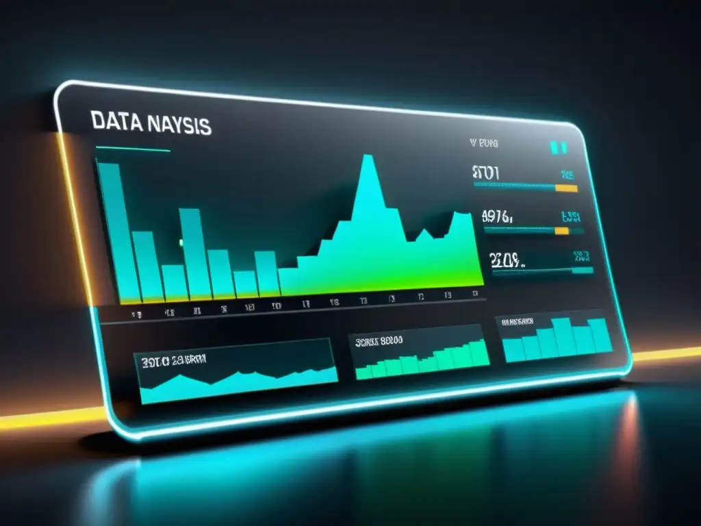 Panel de análisis de datos futurista con gráficos transparentes y detalles de alta tecnología, iluminado por acentos neón