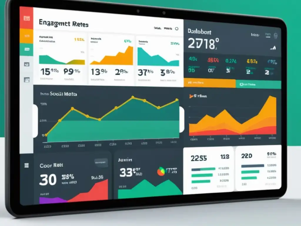 Panel de análisis de redes sociales con medición efectiva ROI en una interfaz moderna y gráficos vibrantes y fáciles de leer
