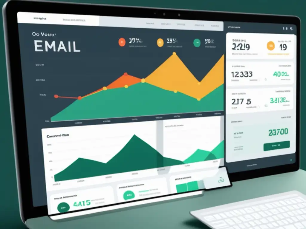 Panel de analítica predictiva en email marketing con visualizaciones de datos y gráficos de métricas clave como tasas de apertura, clics y conversión