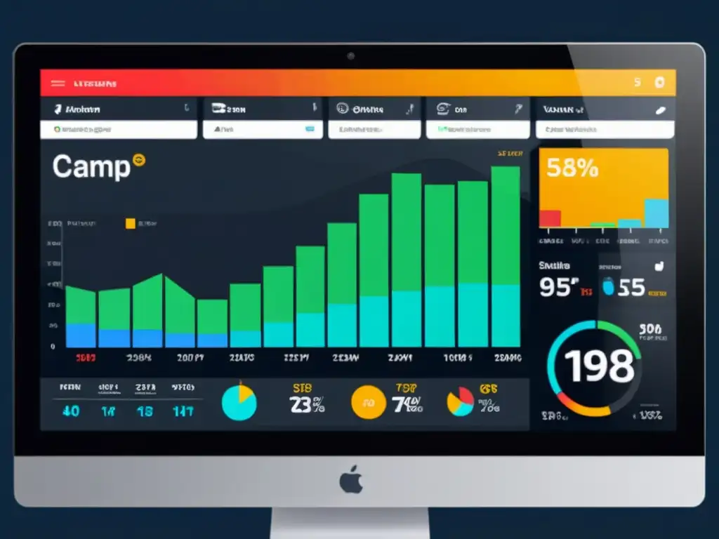 Panel de control digital con analítica predictiva en campañas publicitarias online, diseño minimalista y colores vibrantes