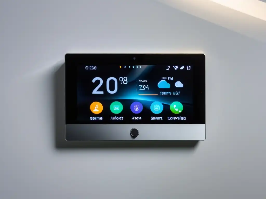 Panel de control domótico con IA en el hogar, iluminado y elegante, rodeado de dispositivos inteligentes integrados en un ambiente moderno y futurista