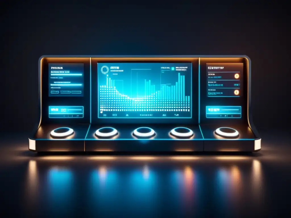 Panel de control futurista con herramientas para gestión de datos en tiempo real, mostrando gráficos y análisis avanzados