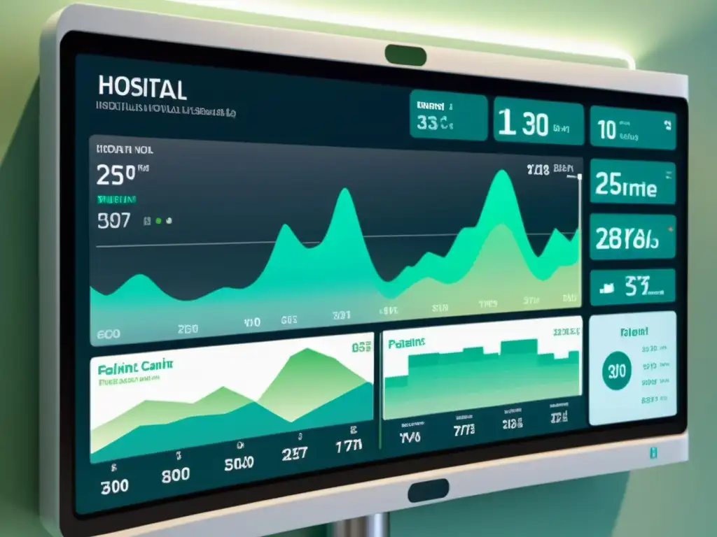 Panel de control futurista en hospital, mostrando Big Data en seguimiento pacientes con visualizaciones y analíticas en tiempo real