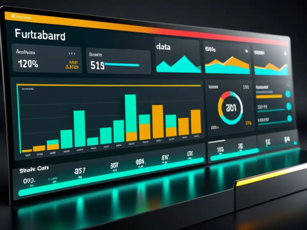 Un panel de control futurista y minimalista con gráficos vibrantes y datos analíticos avanzados