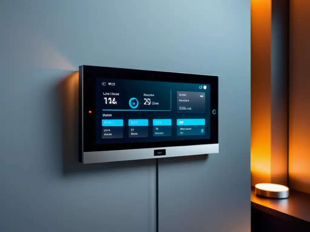 Panel de control inteligente en hogar con domótica y AI, en un ambiente moderno y elegante