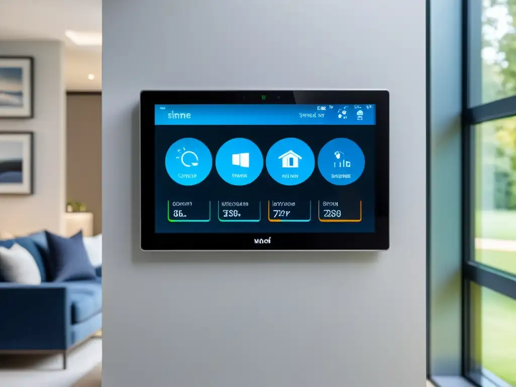 Panel de control inteligente en hogar moderno, integrado con domótica e inteligencia artificial
