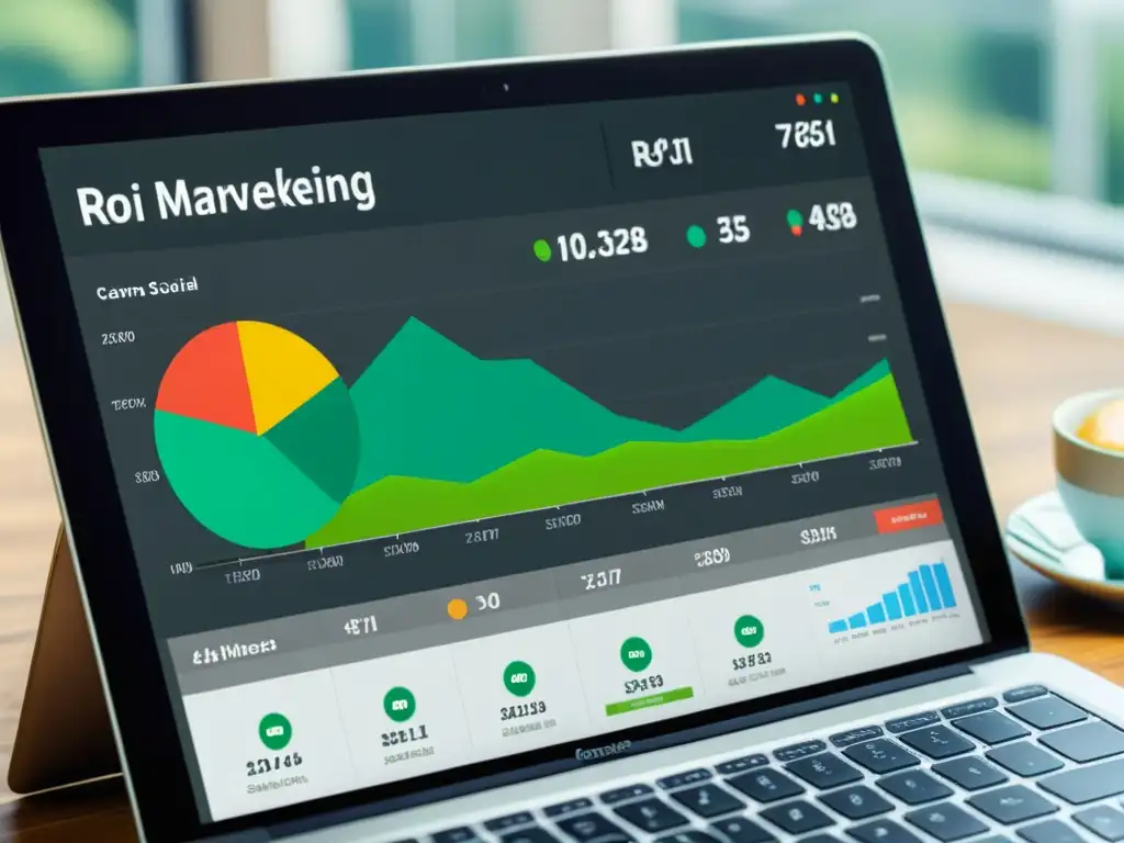 Muestra de un panel de control de marketing digital con gráficos claros y atractivos, que demuestran la medición efectiva ROI en redes sociales