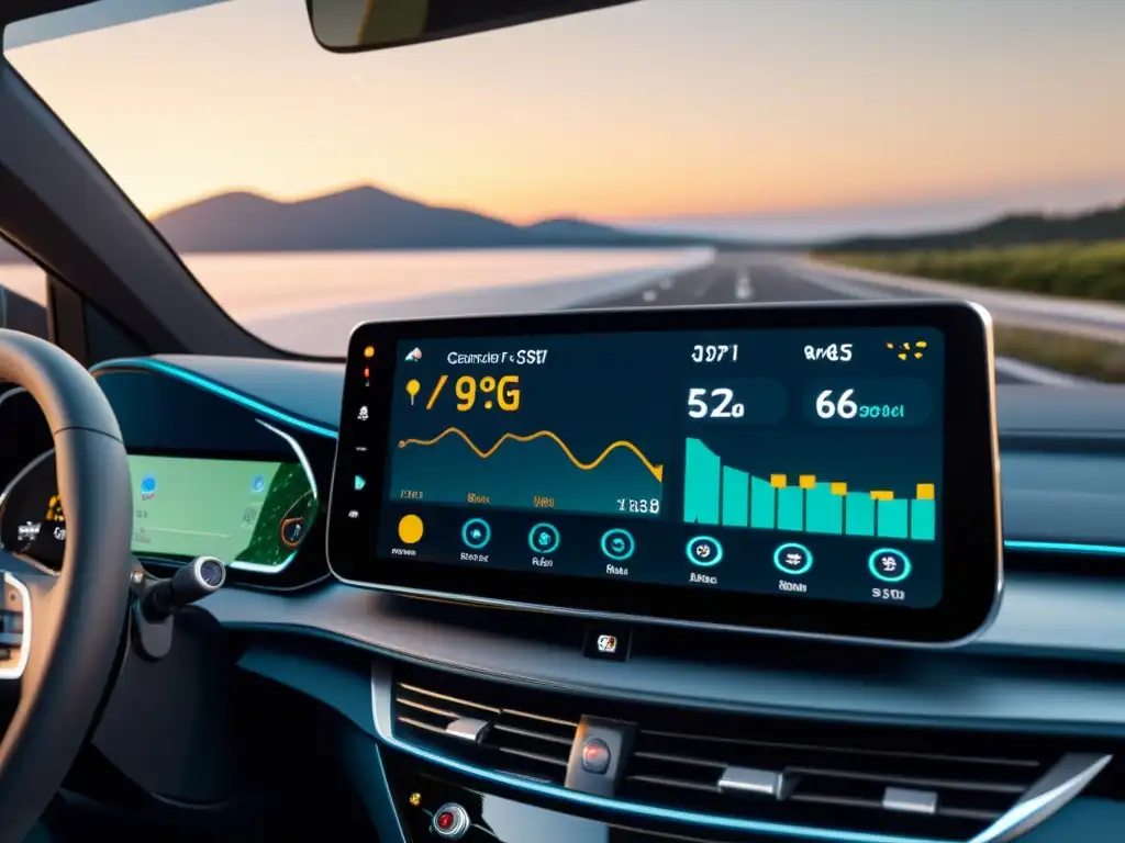 Panel de control moderno y elegante con datos de tráfico en tiempo real, actualizaciones meteorológicas y navegación integrada con conectividad 5G