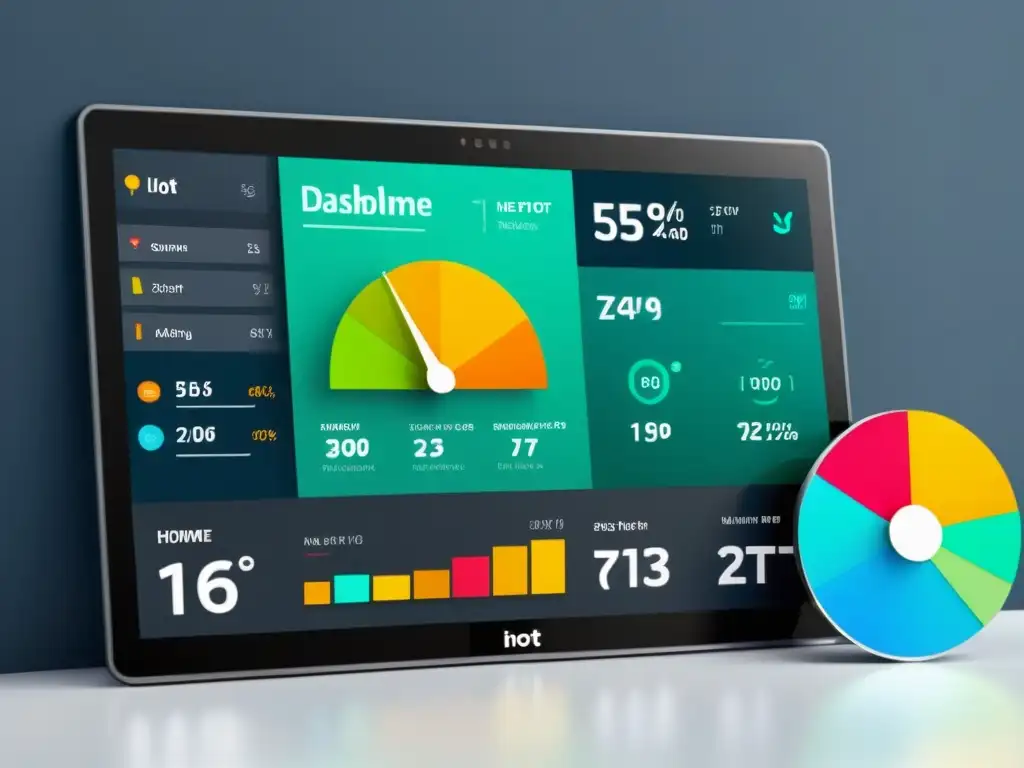 Panel de control moderno e integrado, mostrando sinergia entre IoT y marketing digital, con gráficos y datos en tiempo real