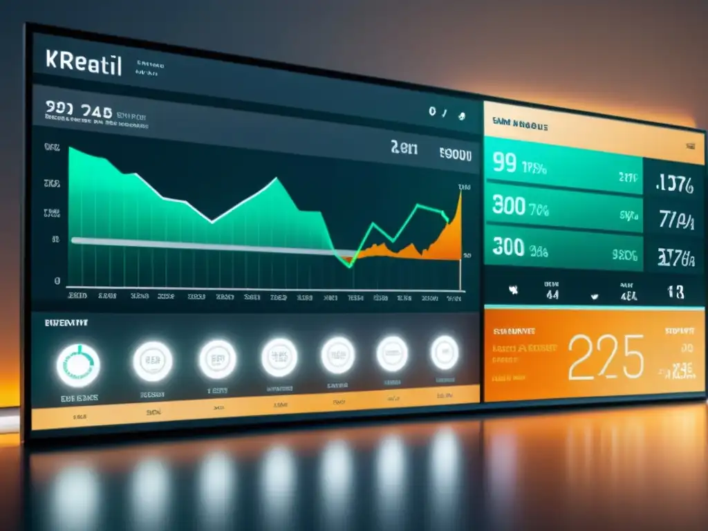 Panel de control de tienda futurista con KPIs clave para medir éxito retail, gráficos detallados y visualizaciones sofisticadas en luz ambiental