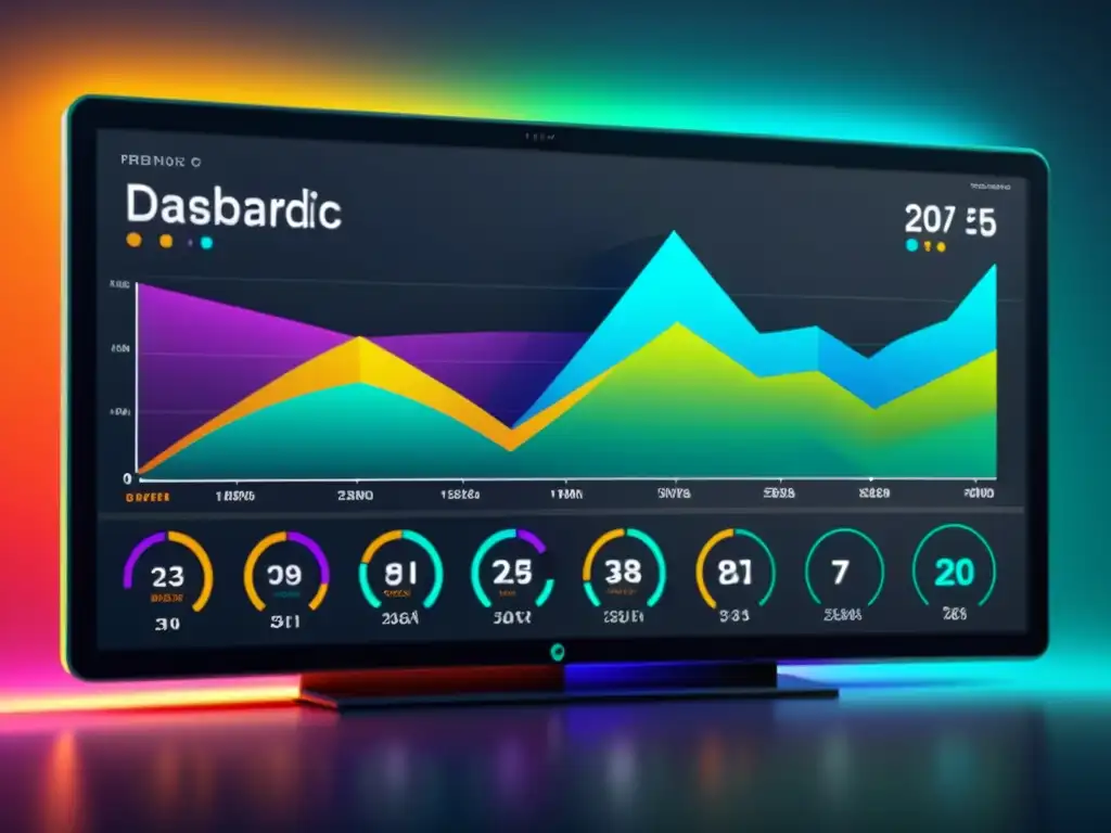 Un panel de visualización de datos futurista y minimalista muestra patrones de datos interconectados y análisis predictivos en colores dinámicos, transmitiendo la potencia y precisión de las tecnologías emergentes en marketing predictivo