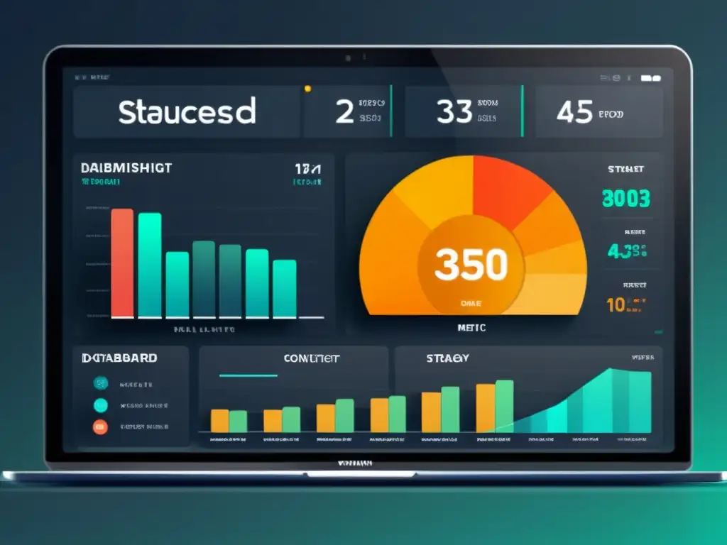 Panel de datos futurista con visualizaciones dinámicas y métricas clave de medición éxito estrategia contenido tecnológico