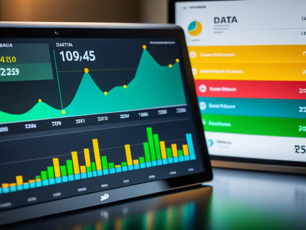 Un panel de visualización de datos moderno y detallado, resaltando las mejores prácticas en calidad de datos y análisis de Big Data