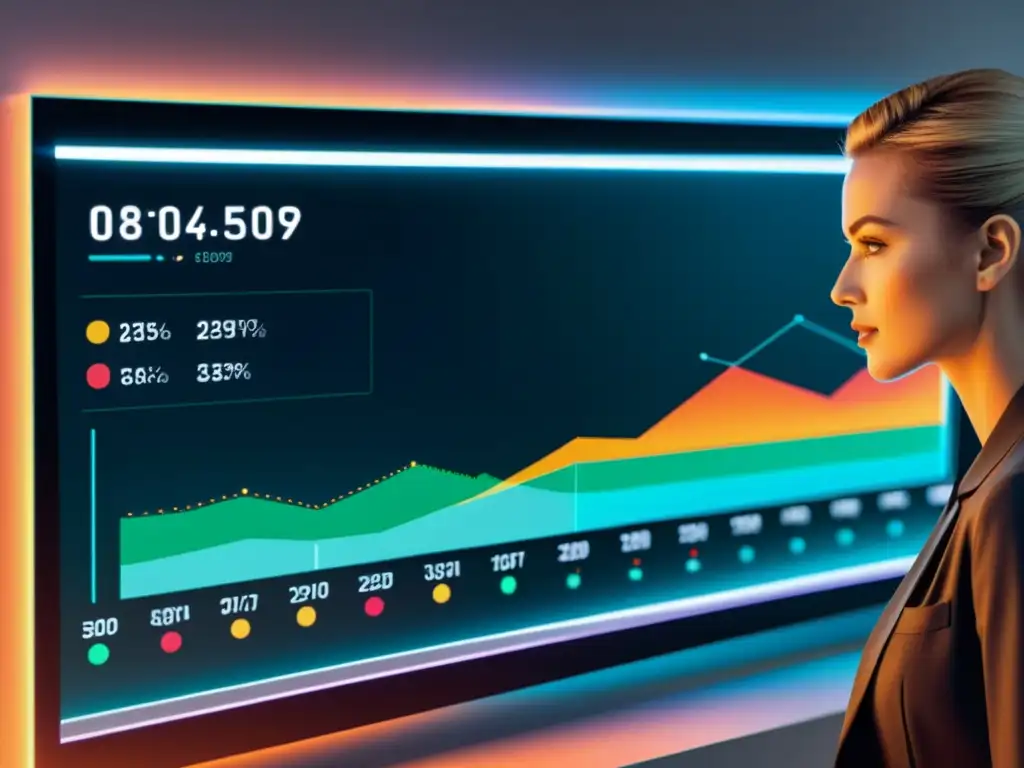 Un panel futurista de visualización de datos con líneas limpias y colores dinámicos, transmitiendo la importancia del Big Data en decisiones