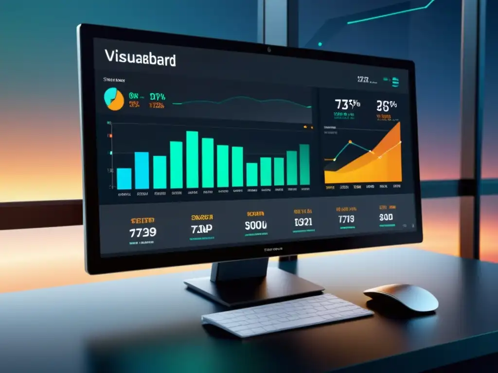 Un panel de visualización futurista con gráficos de analítica predictiva tecnologías emergentes