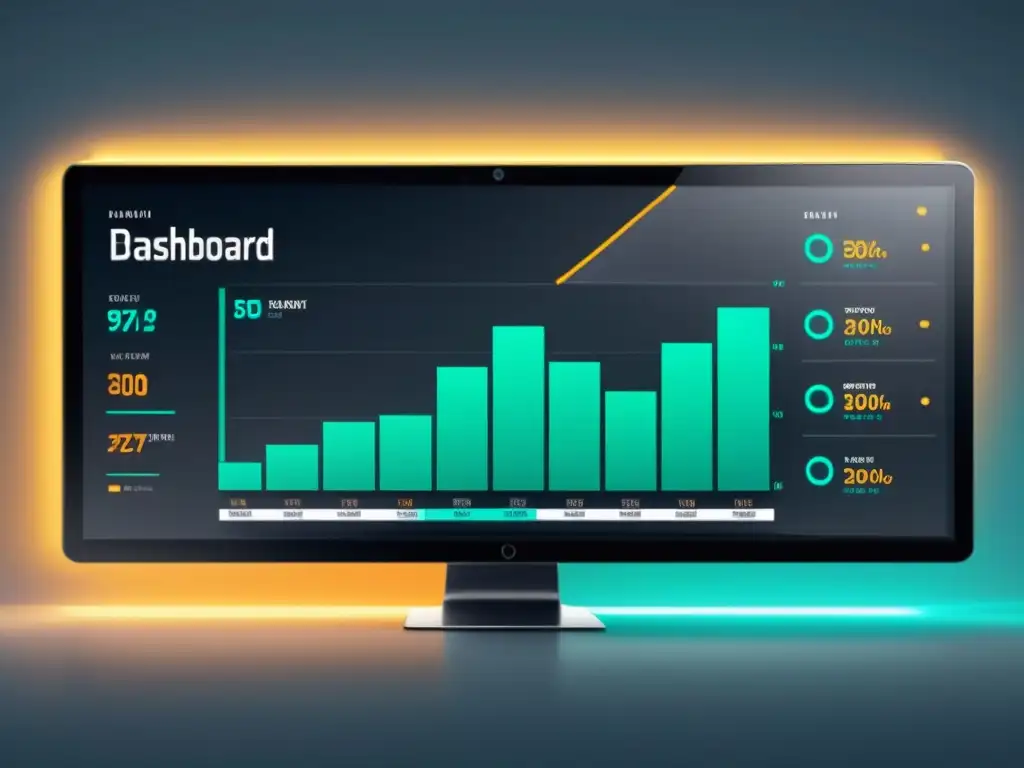 Panel de marketing futurista con análisis de datos con inteligencia artificial, tendencias del mercado en tiempo real y visualización de datos