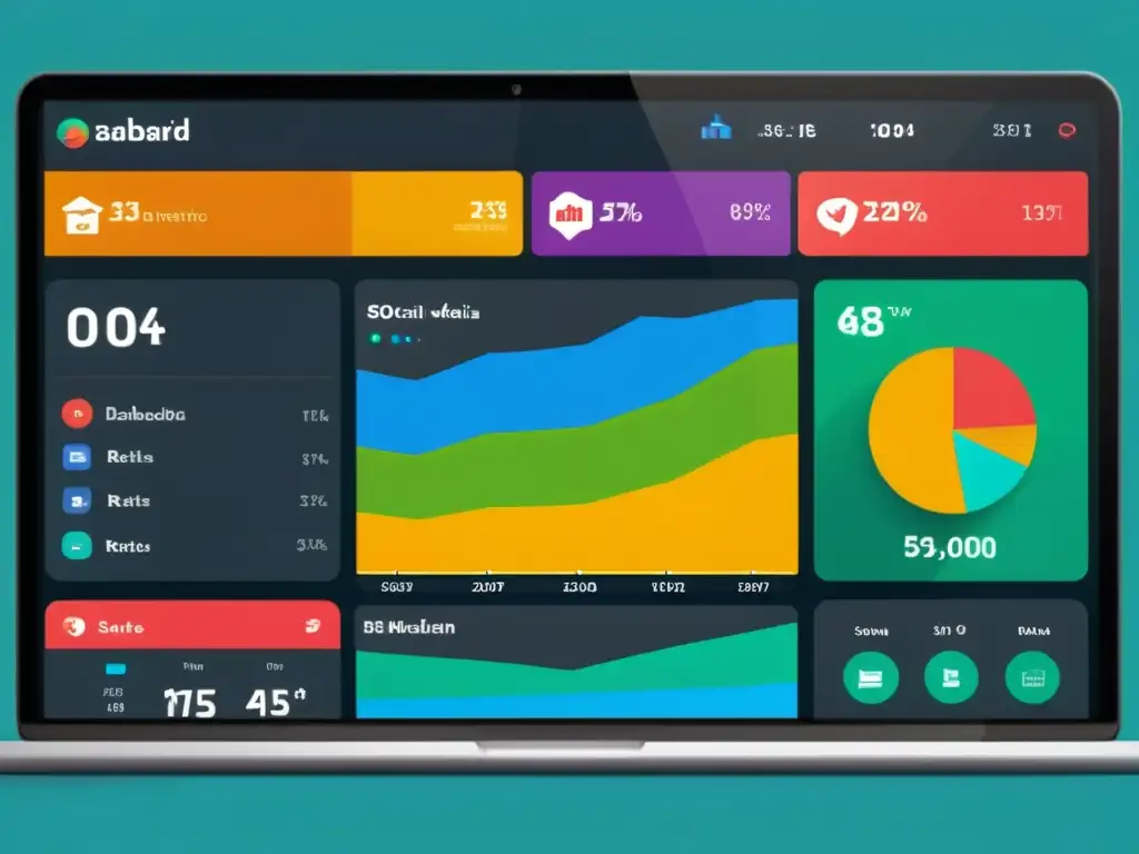 Panel de redes sociales con gráficos modernos y colores vibrantes, mostrando tácticas de Growth Hacking en Redes Sociales de forma clara y profesional